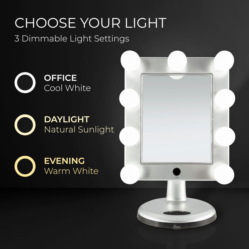 Zadro Melrose LED Variable 3-Color Lighted Dual-Sided 5X/1X Magnification Bluetooth Vanity Beauty Makeup Hollywood-Style Mirror, Satin Nickel - Image 5